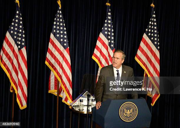 Republican presidential candidate Jeb Bush speaks at the Ronald Reagan Presidential Library August 11, 2015 in Simi Valley, California. Bush was...