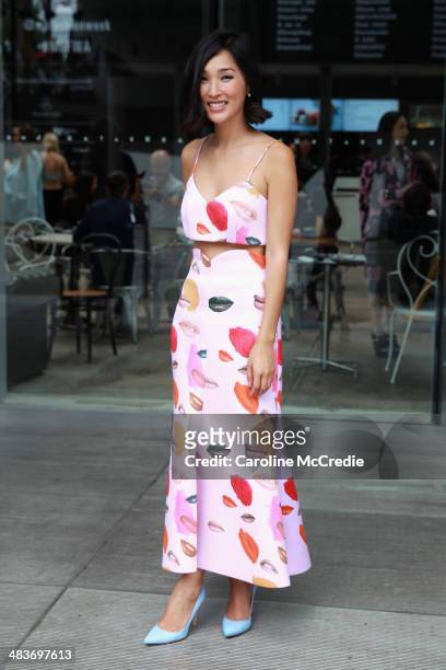 Nicole Warne wearing Alice Mccall top and skirt and Giovanni Rossi shoes at Mercedes-Benz Fashion Week Australia 2014 at Carriageworks on April 10,...