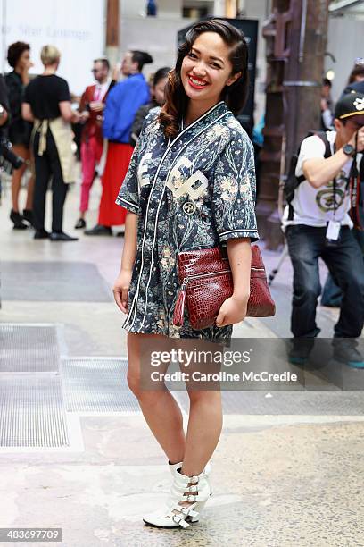 Ethel Manalo wearing a Ten Deep outfit and Armani Exchange clutch at Mercedes-Benz Fashion Week Australia 2014 at Carriageworks on April 10, 2014 in...