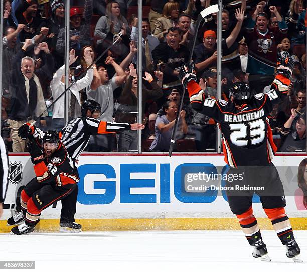 Patrick Maroon and Francois Beauchemin of the Anaheim Ducks celebrates Maroon's goal against the San Jose Sharks on April 9, 2014 at Honda Center in...