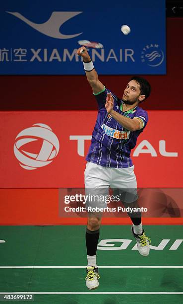 Kashyap Parupalli of India competes against Nguyen Tien Minh of Vietnam in the 2015 Total BWF World Championship at Istora Senayan on August 12, 2015...