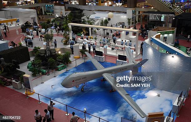 General view of the latest home made MALE Unmanned Aircraft Systems on display during a press conference of the 2015 Taipei Aerospace and Defense...