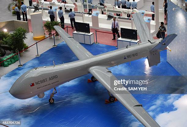 General view of the latest home made MALE Unmanned Aircraft Systems on display during a press conference of the 2015 Taipei Aerospace and Defense...