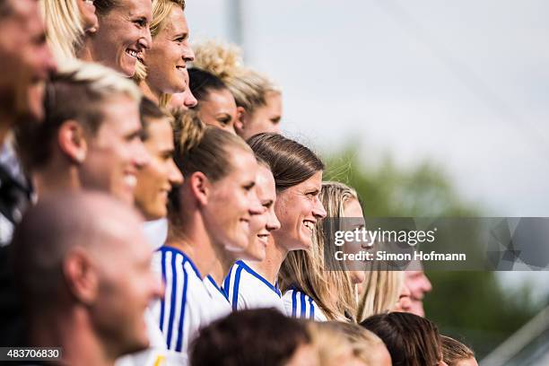 Kerstin Garefrekes smiles during 1. FFC Frankfurt Team Presentation at Stadion am Brentanobad on August 11, 2015 in Frankfurt am Main, Germany.