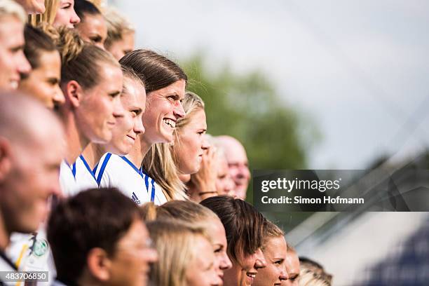 Kerstin Garefrekes smiles during 1. FFC Frankfurt Team Presentation at Stadion am Brentanobad on August 11, 2015 in Frankfurt am Main, Germany.