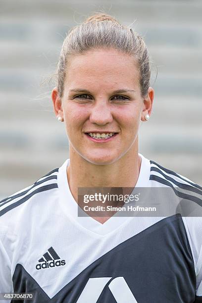 Desiree Schumann poses during 1. FFC Frankfurt Team Presentation at Stadion am Brentanobad on August 11, 2015 in Frankfurt am Main, Germany.