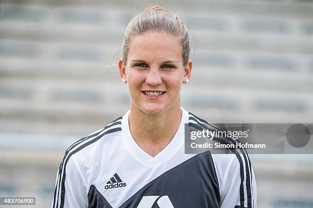 Desiree Schumann poses during 1. FFC Frankfurt Team Presentation at Stadion am Brentanobad on August 11, 2015 in Frankfurt am Main, Germany.