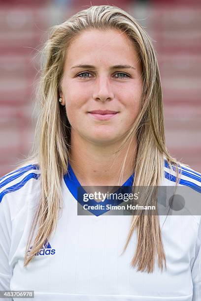 Ana-Maria Crnogorcevic poses during 1. FFC Frankfurt Team Presentation at Stadion am Brentanobad on August 11, 2015 in Frankfurt am Main, Germany.