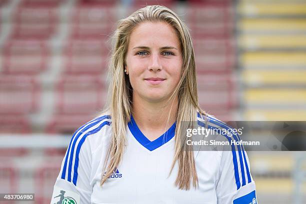 Ana-Maria Crnogorcevic poses during 1. FFC Frankfurt Team Presentation at Stadion am Brentanobad on August 11, 2015 in Frankfurt am Main, Germany.