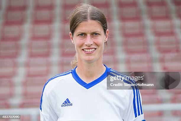 Kerstin Garefrekes poses during 1. FFC Frankfurt Team Presentation at Stadion am Brentanobad on August 11, 2015 in Frankfurt am Main, Germany.