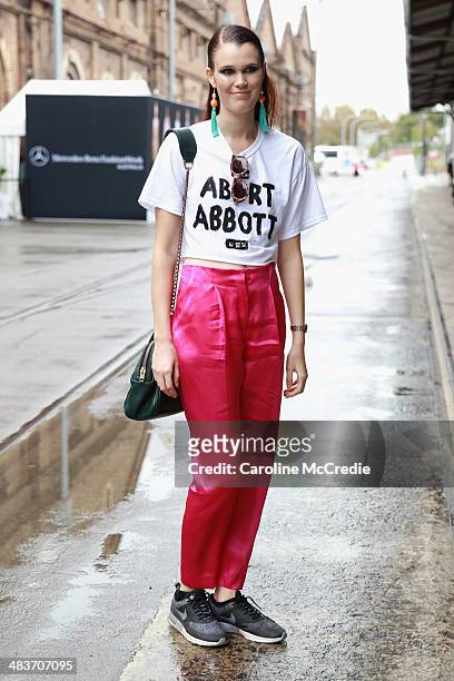 Milly Brown wearing Karla Spetic pants at Mercedes-Benz Fashion Week Australia 2014 at Carriageworks on April 10, 2014 in Sydney, Australia.