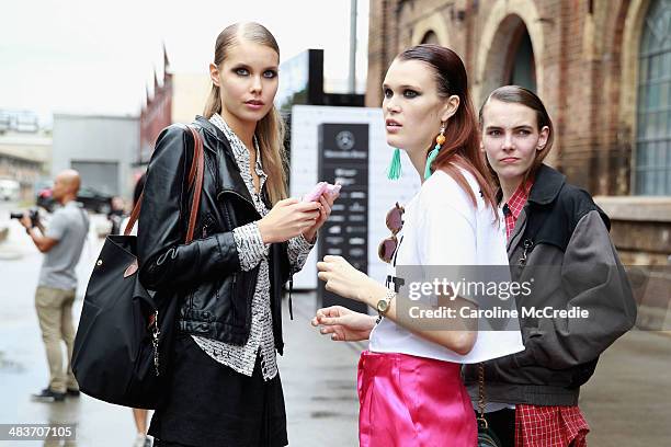 Models walk oustide at Mercedes-Benz Fashion Week Australia 2014 at Carriageworks on April 10, 2014 in Sydney, Australia.