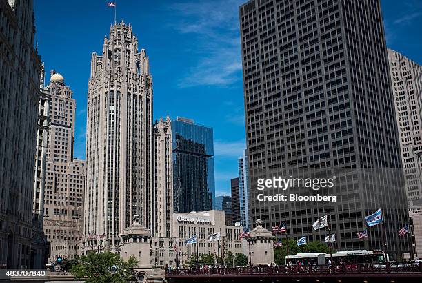 Chicago Tribune signage is displayed on the side of the Tribune Tower in Chicago, Illinois, U.S., on Friday, Aug. 7, 2015. Tribune Media Co. Is...