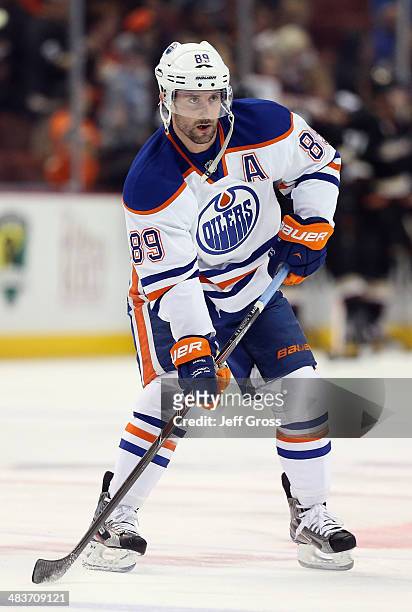 Sam Gagner of the Edmonton Oilers skates prior to the start of the game against the Anaheim Ducks at Honda Center on April 2, 2014 in Anaheim,...