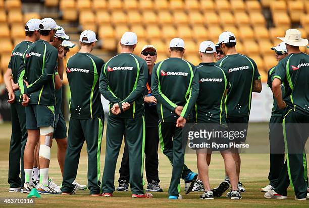 Australian Chairman of Selectors Rod Marsh addresses the players during an Australian Nets Session at The County Ground on August 12, 2015 in...