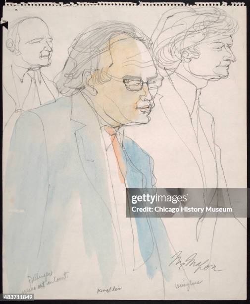 William Kunstler, Leonard Weinglass, and Dave Dellinger, as Dellinger speaks out, in a courtroom illustration during the trial of the Chicago Eight,...