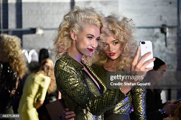 Models pose backstage ahead of the Zhivago show at Mercedes-Benz Fashion Week Australia 2014 at the Paint Shop Building, Everleigh Suburban Car...