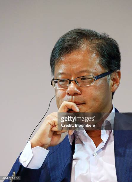Jerry Yang, founding partner of AME Cloud Ventures, attends a session at the New Economy Summit in Tokyo, Japan, on Thursday, April 10, 2014. The...