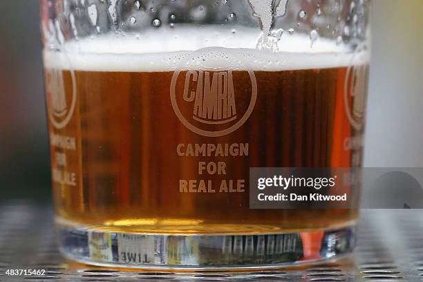 Glass of Ale at the CAMRA Great British Beer festival at Olympia London exhibition centre on August 12, 2015 in London, England. The five day event...