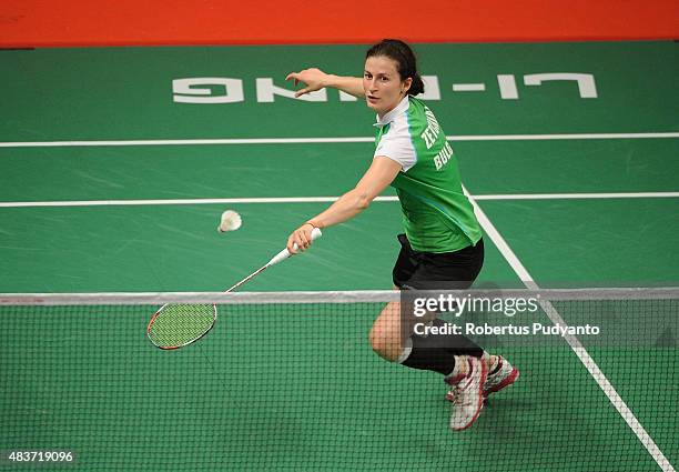 Linda Zetchiri of Bulgaria competes against Bae Yeon Ju of Korea in the 2015 Total BWF World Championship at Istora Senayan on August 12, 2015 in...