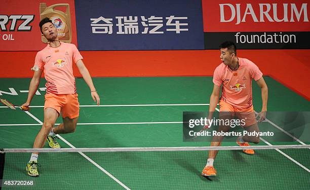 Chai Biao and Hong Wei of China compete against Takeshi Kamura and Keigo Sonoda of Japan in the 2015 Total BWF World Championship at Istora Senayan...