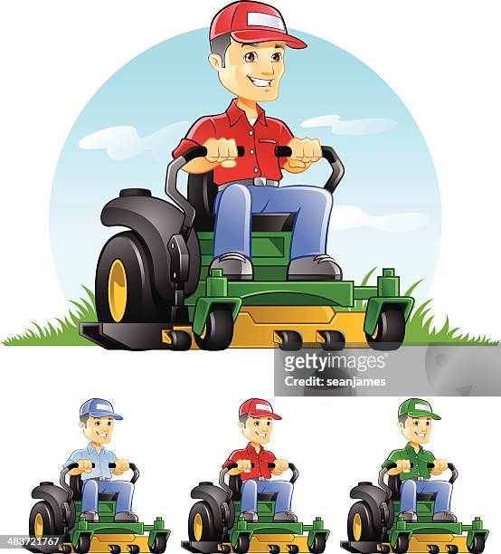 illustrazioni stock, clip art, cartoni animati e icone di tendenza di ragazzo riding lawn mower - tagliaerba