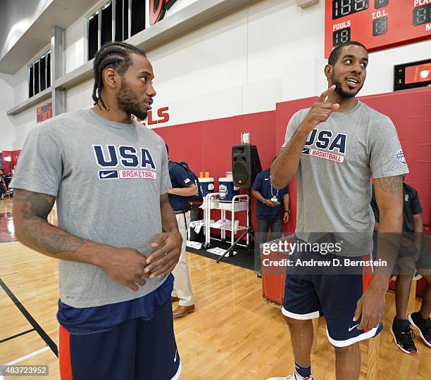 Kawhi Leonard and LaMarcus Aldridge of the USA National Team participate in a minicamp at UNLV on August 11, 2015 in Las Vegas, Nevada. NOTE TO USER:...