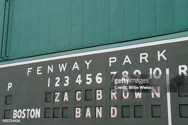 General view of the scoreboard on the Green Monster at Fenway Park before the Zac Brown Band performance during the Major League Baseball Ballpark...