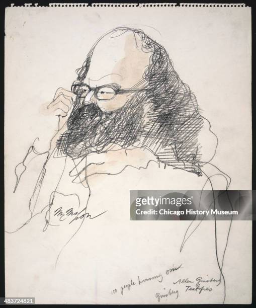 Allen Ginsberg demonstrates his chanting, in a courtroom illustration during the trial of the Chicago Eight, Chicago, Illinois, late 1969 or early...