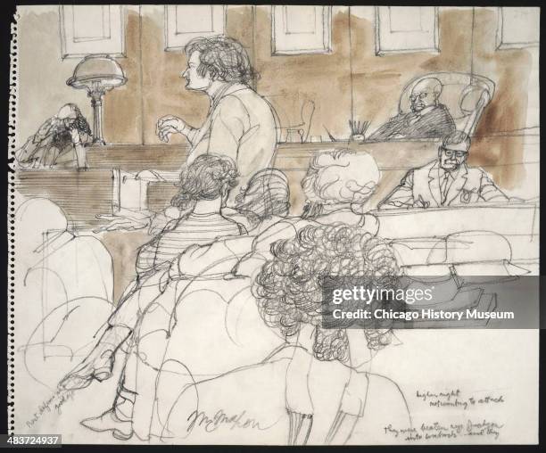 Allen Ginsberg on the stand as viewed from behind the defense table, in a courtroom illustration during the trial of the Chicago Eight, Chicago,...