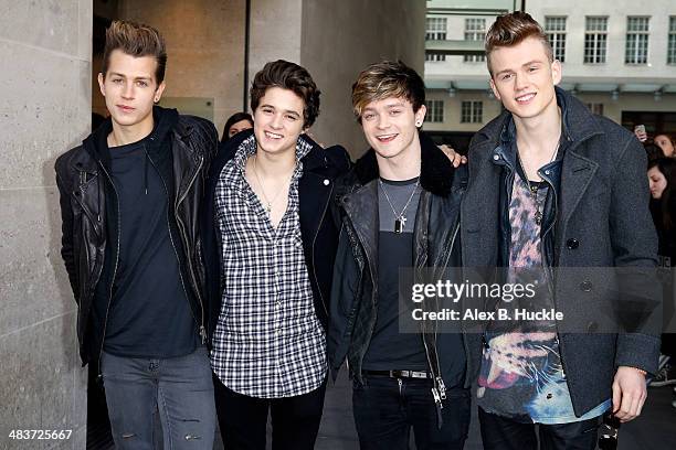 James McVey, Brad Simpson, Connor Ball and Tristan Evans of 'The Vamps' sighted arriving at the BBC Radio 1 Studios. April 10, 2014 in London,...