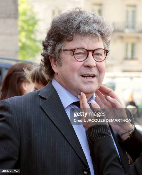 Franck Spengler, son of French author Regine Deforges, arrives to attend his mother's funeral on April 10, 2014 in Paris. Regine Deforges, an author,...