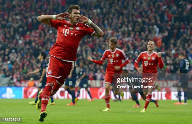 Mario Mandzukic of Bayern Muenchen celebrates his goal during the UEFA Champions League Quarter Final second leg match between FC Bayern Muenchen and...