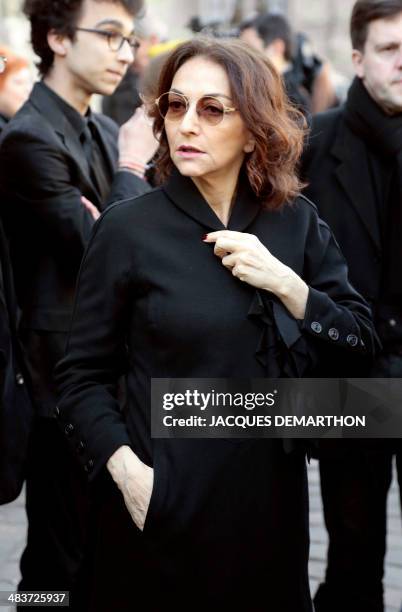 Nathalie Rykiel, CEO and creative director of the Sonia Rykiel fashion house, arrives to attend the funeral of French author Regine Deforges on April...