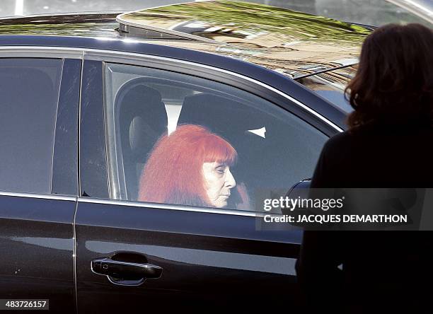 French fashion designer Sonia Rykiel arrives to attend the funeral of French author Regine Desforges on April 10, 2014 in Paris. Regine Desforges, an...