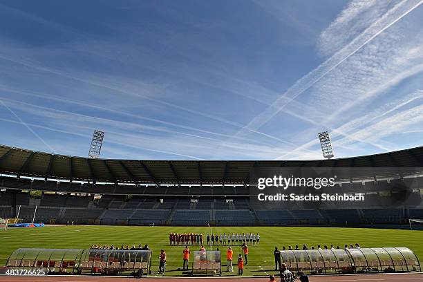 The teams of Belgium and Germany line up for national anthem prior to the UEFA Under19 Women's Elite Round match between Belgium and Germany at King...