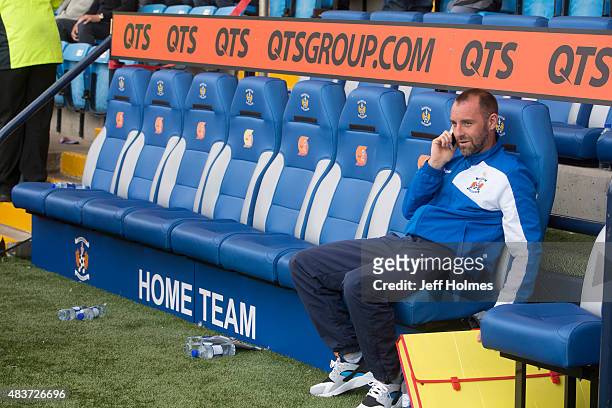 Kris Boyd of Kilmarnock sits on the bench during the Scottish premiership match between Kilmarnock and Celtic at Rugby Park on August 12, 2015 in...
