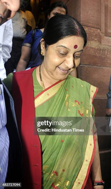 Minister of External Affairs Sushma Swaraj after attending the Parliament Monsoon Session on August 12, 2015 in New Delhi, India. A blast from the...