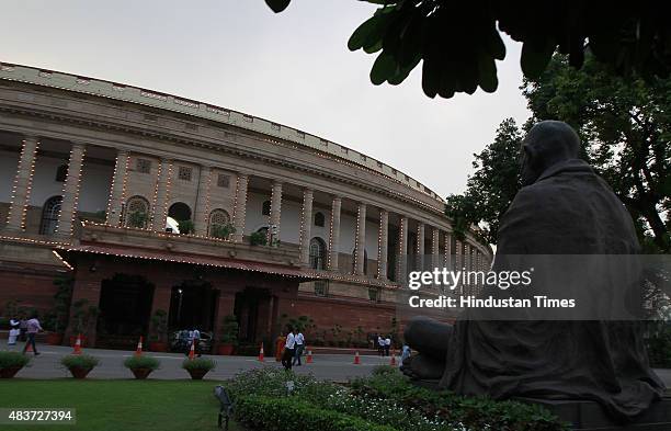 View of illuminated Parliament building, in preparation for Independence Day celebrations, on August 12, 2015 in New Delhi, India. A blast from the...