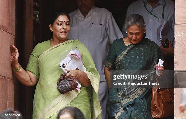 Congress leader Renuka Chowdhury and SP leader Jaya Bachchan during the monsoon session at Parliament House, on August 12, 2015 in New Delhi, India....