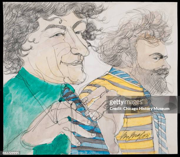 Abbie Hoffman and Jerry Rubin wearing ties, in a courtroom illustration during the trial of the Chicago Eight, Chicago, Illinois, late 1969 or early...
