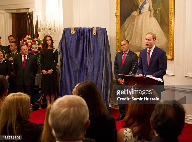 Prince William, Duke of Cambridge gives a speech ahead of unveiling a portrait of Queen Elizabeth II, painted by New Zealand artist Nick Cuthell at a...