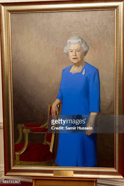 Portrait of Queen Elizabeth II is seen, painted by New Zealand artist Nick Cuthell at a state reception at Government House on April 10, 2014 in...