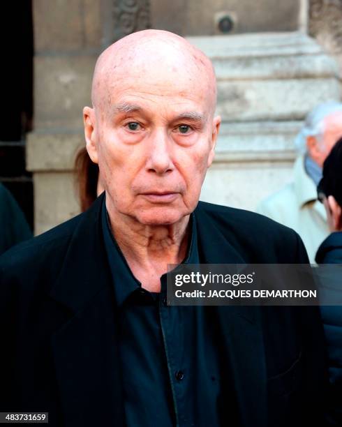 French writer Gabriel Matzneff leaves the church after attending French author Regine Deforges's funeral on April 10, 2014 in Paris. Regine Deforges,...