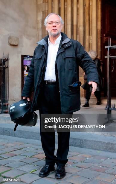 Editor in chief of the "Nouvel Observateur" weekly magazine Laurent Joffrin leaves the church after attending French author Regine Deforges's funeral...