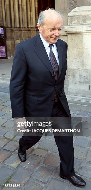 Former Culture minister Jacques Toubon leaves the church after attending French author Regine Desforges's funeral on April 10, 2014 in Paris. Regine...