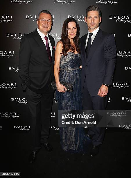 Bvlgari CEO Jean-Christophe Babin poses alongside Rebecca Gleeson and husband Eric Bana at the 130th Anniversary of Bvlgari Gala Dinner at a private...