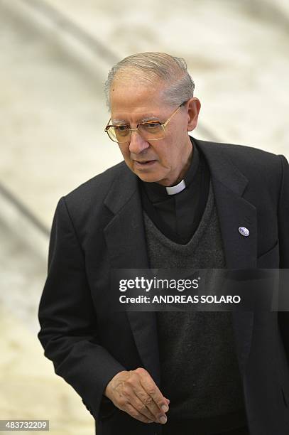 The Superior General of the Society of Jesus, Spanish Adolfo Nicolas Pachon attends a meeting with Pope Francis and the community of the Pontifical...