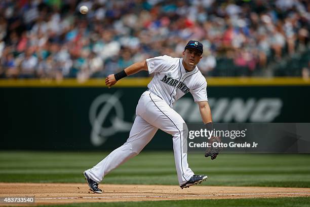 First baseman Jesus Montero of the Seattle Mariners reacts to a grounder against the Texas Rangers at Safeco Field on August 8, 2015 in Seattle,...