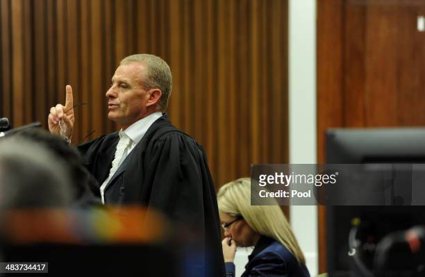 State prosecutor Gerrie Nel questions Oscar during cross examination in the Pretoria High Court on April 10 in Pretoria, South Africa. Oscar...